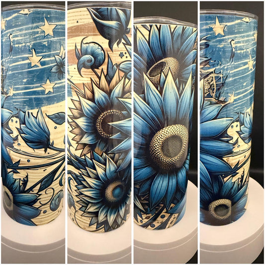 Blue Sunflower American Flag Tumbler